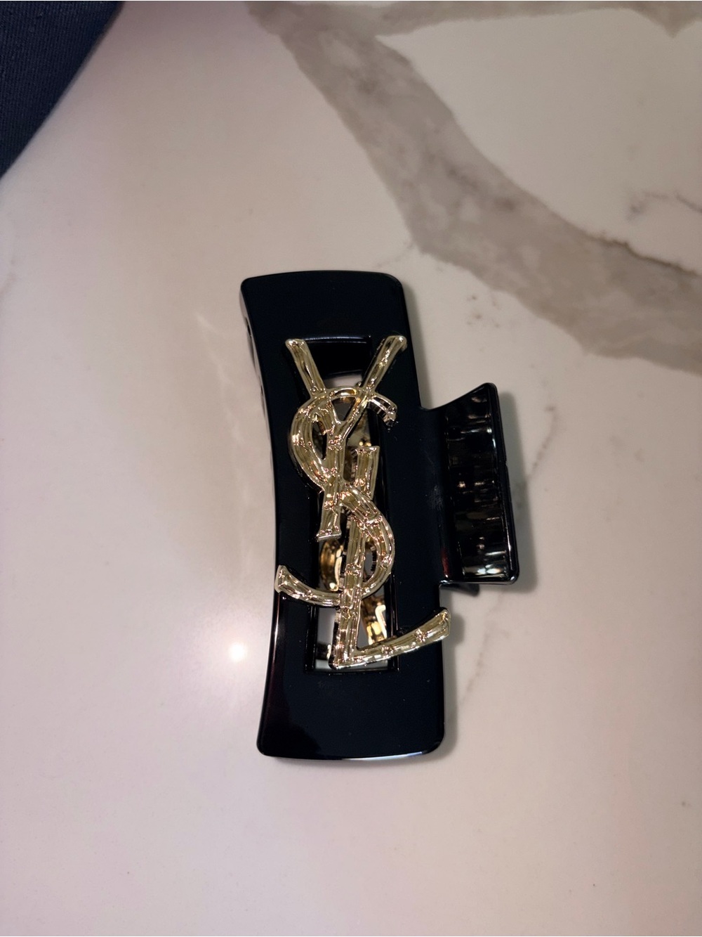 Designer-Inspired Black Hair Clip with Gold Logo Accent